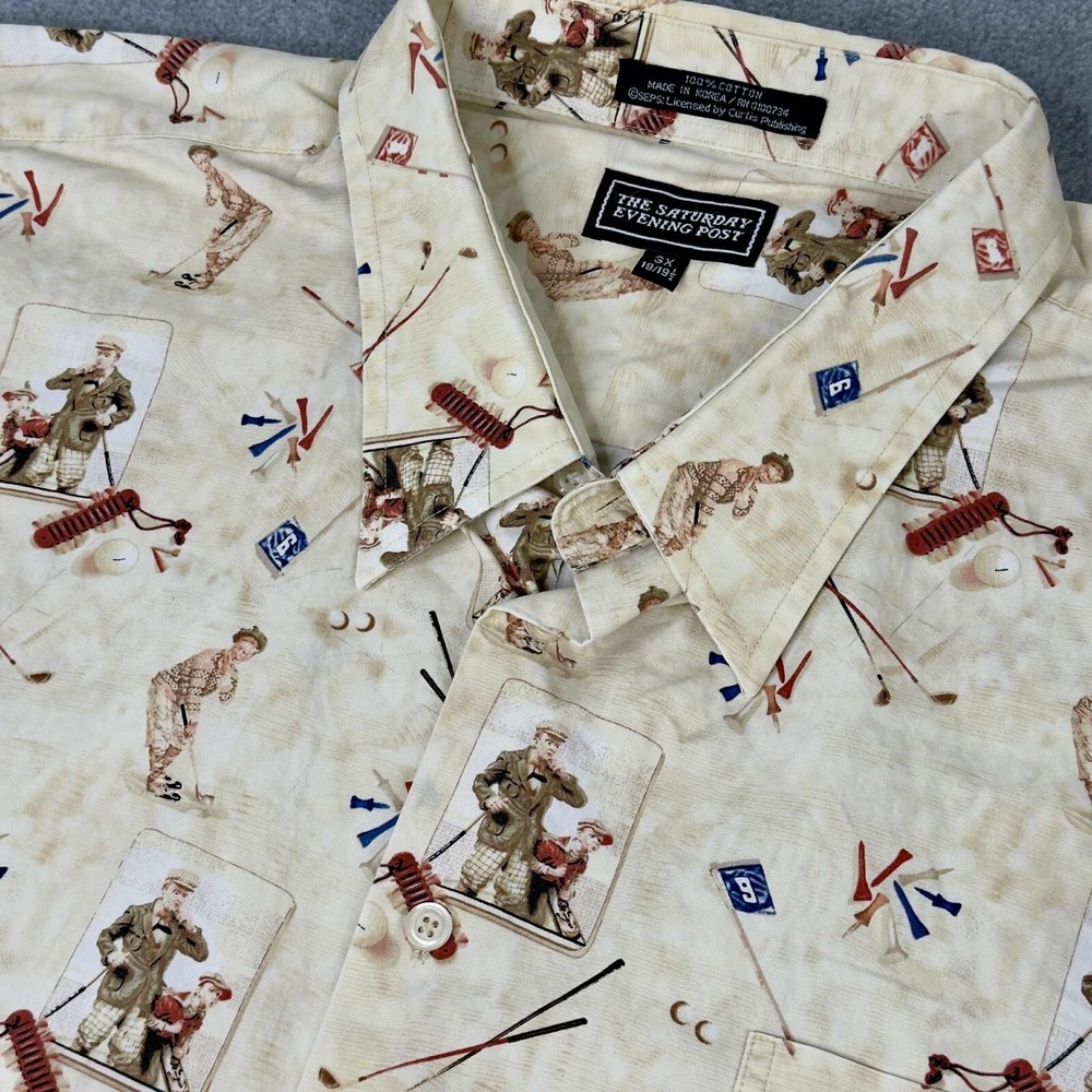 VTG Saturday Evening Post Shirt Mens 3XL 19/19.5 Button Up Golf Theme Novelty‎